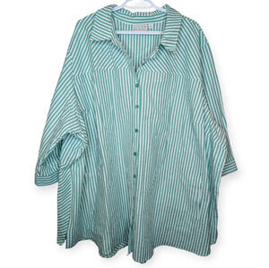 Joan Rivers Green & White Striped Gauze Textured 3/4 Sleeve Light Weight  Top 5X